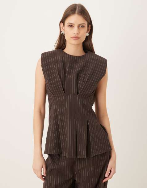 Wanderdoll Blythe tailored cinch waist peplum shirt co-ord in brown pinstripe - view 1