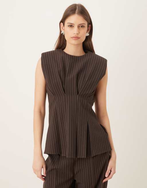 Wanderdoll Blythe shoulder pad cinch detail shirt, peplum shirt and trousers co-ord in brown pinstripe, 4 of 4