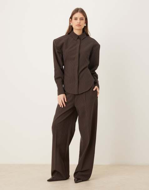 Wanderdoll Blythe tailored wide leg pants in brown pinstripe (part of a set) - view 1