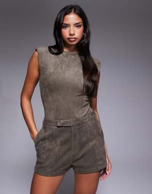 Body d'ensemble à épaulettes en imitation daim - Taupe-Neutre XS