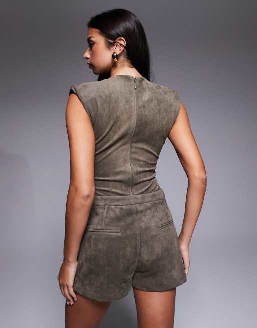 Wanderdoll - Body d'ensemble à épaulettes en imitation daim - Taupe, 2 de 4