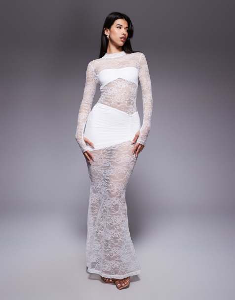 Wanderdoll Britney asymmetric ruched waist lace maxi skirt co-ord in white - view 1
