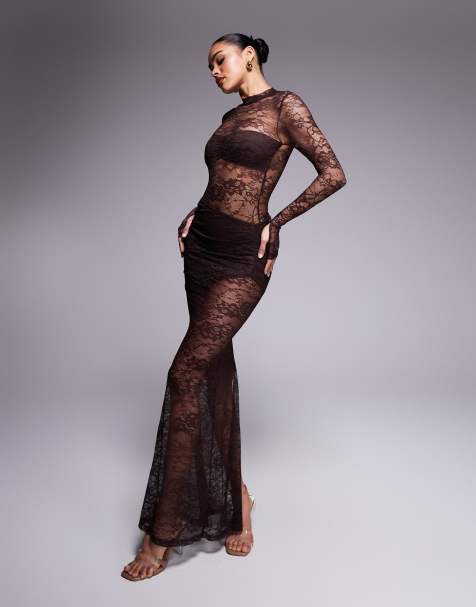 Wanderdoll - Britney - Ensemble en dentelle avec jupe longue effet drapé et body col montant - Chocolat - view 1
