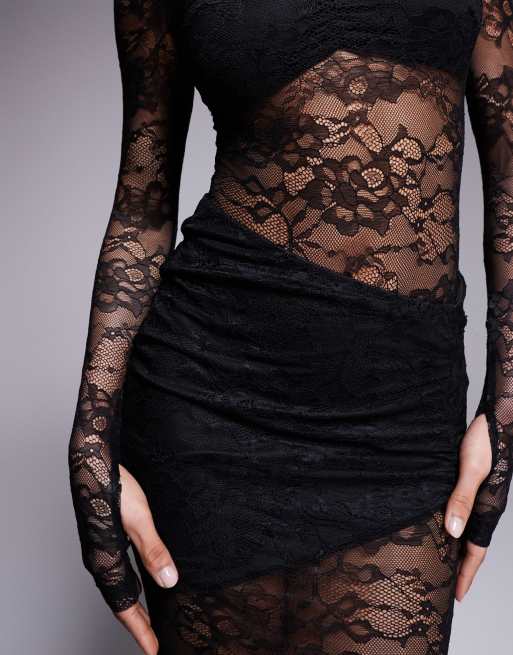 Wanderdoll Britney high neck lace bodysuit and drape detail maxi skirt set in Black