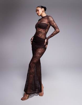 Britney high neck lace bodysuit and drape detail maxi skirt set in chocolate-Brown