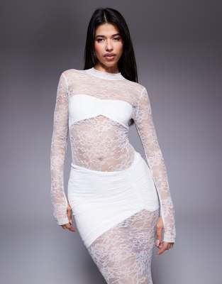Wanderdoll Wanderdoll Britney high neck lace bodysuit co-ord in white