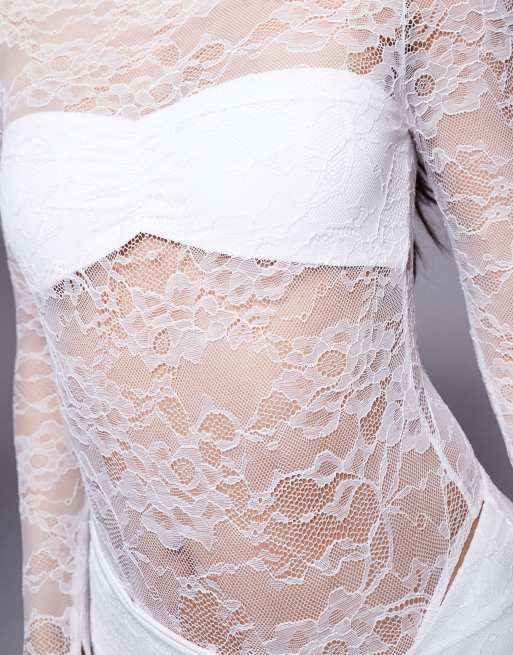 Wanderdoll - Britney - Hvid bodystocking med høj hals i blondestof - Del af sæt, 3 af 4