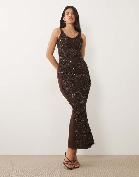 Wanderdoll Calla abstract sequins embroidered knit maxi dress in chocolate - view 1