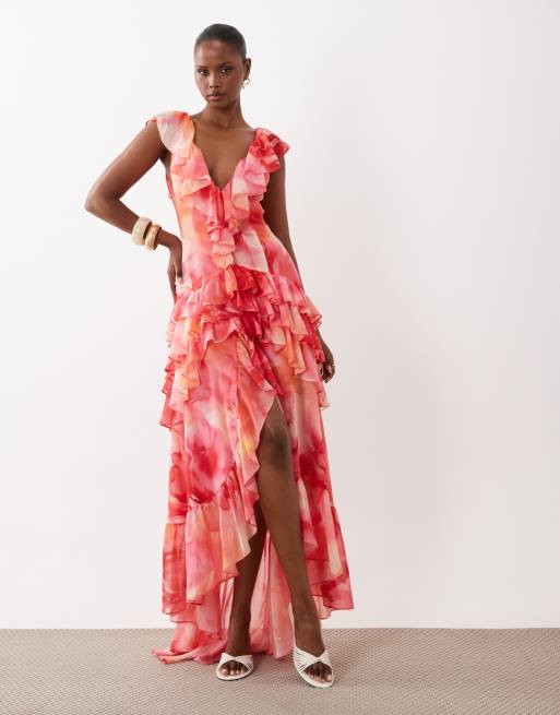 Wanderdoll - Cara - Robe longue à volants étagés et décolleté plongeant avec imprimé fleuri style aquarelle - Coucher de soleil