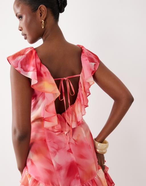Wanderdoll - Cara - Vestito lungo a balze con scollo profondo e volant color tramonto a fiori acquerello, 3 di 4