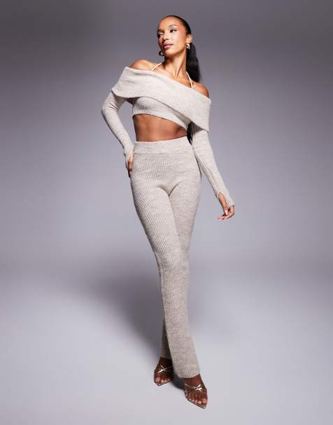 Wanderdoll - Carrie - Ensemble crop top à encolure Bardot et pantalon en maille - Avoine - view 1