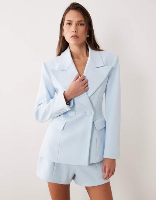 Wanderdoll Charlotte oversized lapel cinch waist blazer and tailored shorts set in baby blue, 2 of 3