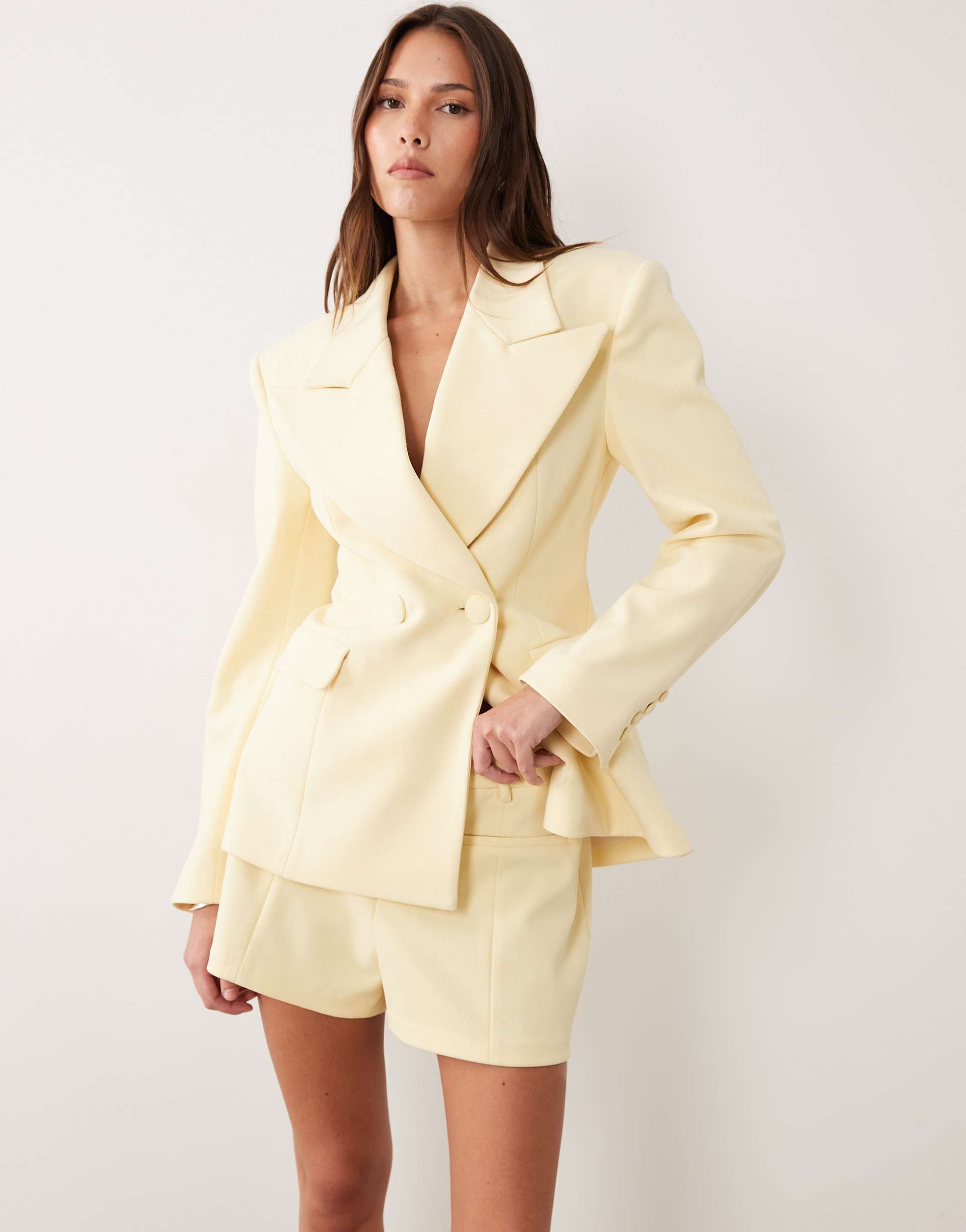 wanderdoll charlotte tailored front seam detailing shorts in lemon - part of a set