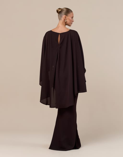 Wanderdoll Cleo sheer drape detail cape top co-ord in chocolate, 2 of 3