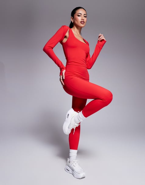 Wanderdoll crop top, flared yoga trousers, shrug & leggings mix & match set in red - view 1