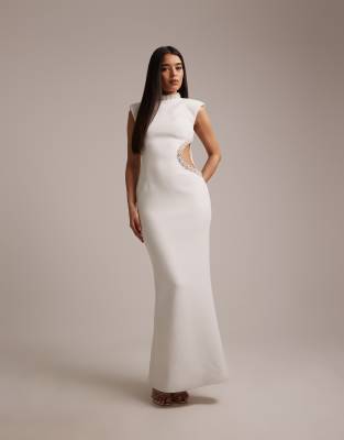 Wanderdoll Crystal Bridal High Neck Cut Out Rhinestone Detailing Short Sleeve Maxi Dress In White
