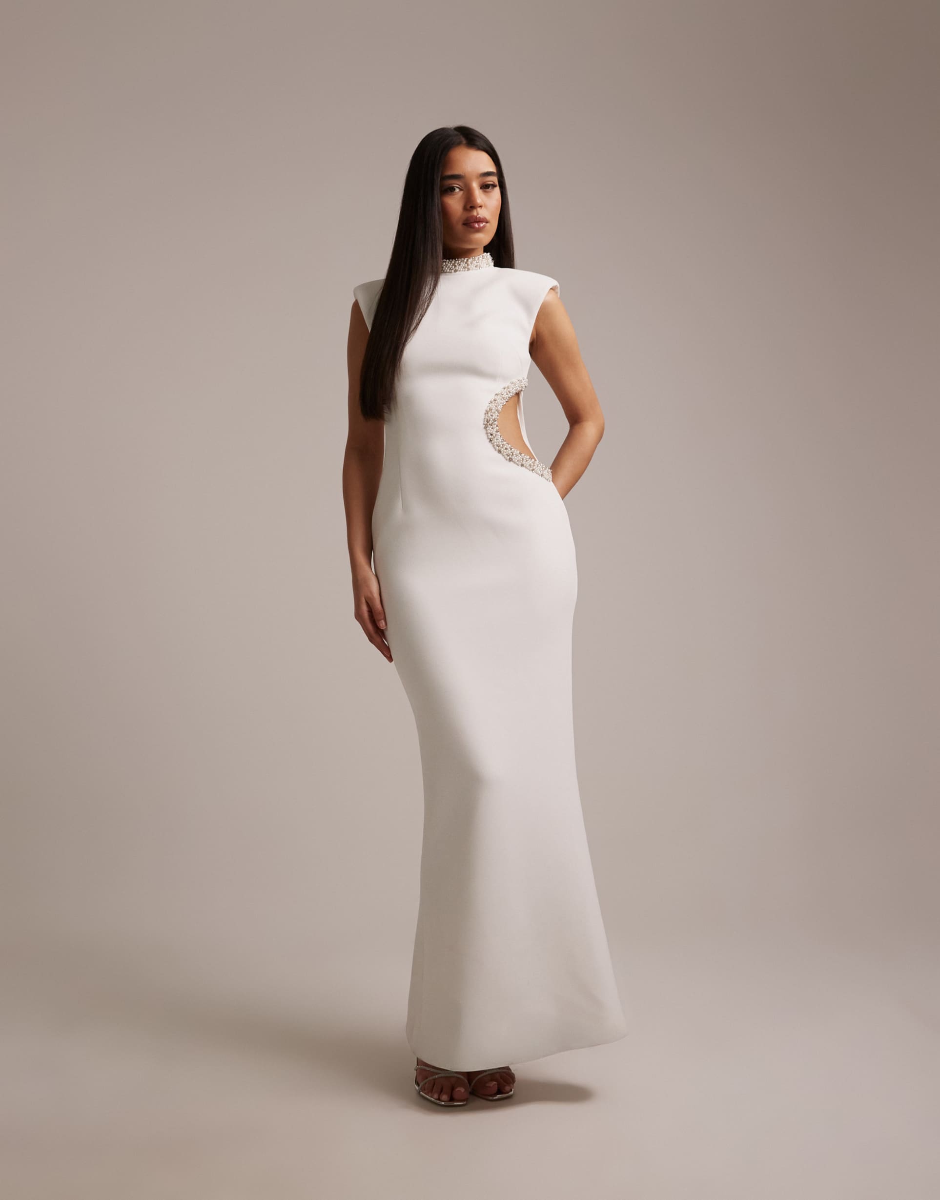 wanderdoll crystal bridal high neck cut out rhinestone detailing short sleeve maxi dress in white