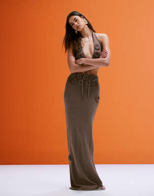 Daisy knit corsage detail maxi skirt in warm beige - part of a set-Neutral