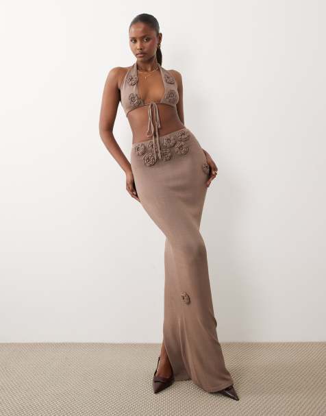 Wanderdoll Daisy knitted corsage detail halterneck bralette and maxi skirt co-ord in warm beige - view 1