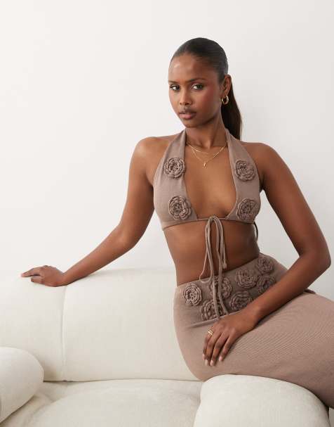 Wanderdoll Daisy knitted corsage detail halterneck bralette in warm beige (part of a set) - view 1