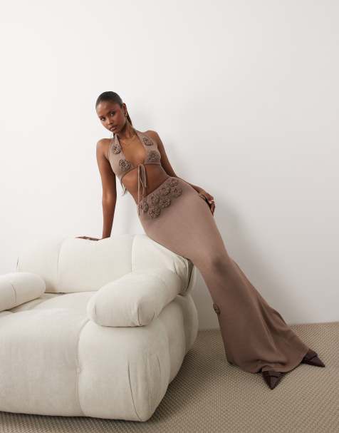 Wanderdoll Daisy knitted corsage detail maxi skirt co-ord in warm beige - view 1