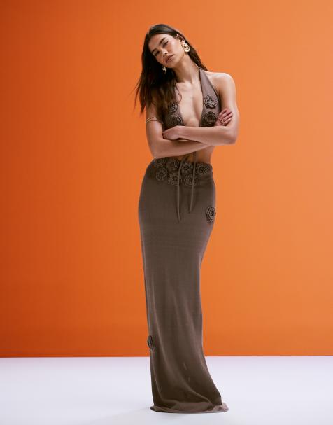 Wanderdoll Daisy knitted corsage detail maxi skirt in warm beige (part of a set) - view 1