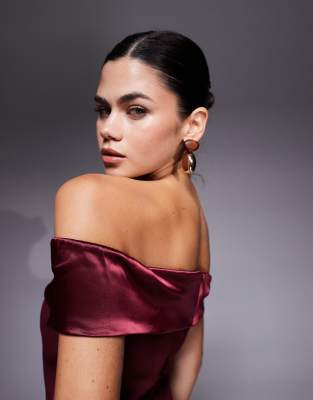 Wanderdoll Daphne Structured Off The Shoulder Satin Sleeves Hip Pleats Mini Dress In Red