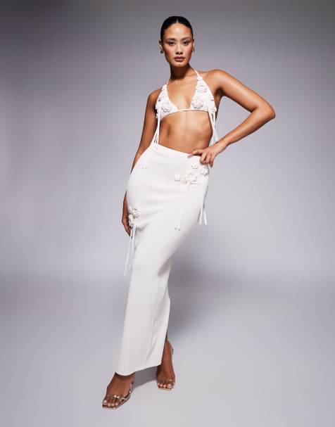 Wanderdoll Delilah knitted corsage detail maxi skirt co-ord in vanilla