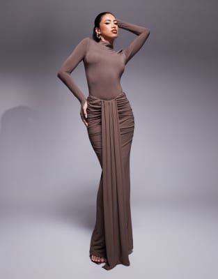 drape front maxi skirt in chocolate - part of a set-Brown