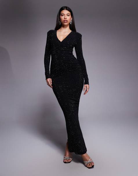 Wanderdoll - Drew - Robe longue sculptée à strass thermocollés, décolleté plongeant et détail froncé - Noir - view 1