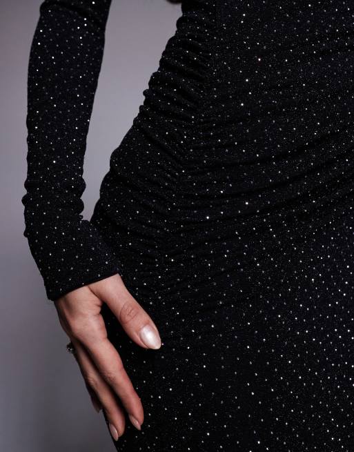 Wanderdoll Drew sculpted hot fix plunge neck ruched detail maxi dress in black, 2 of 4