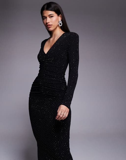 Wanderdoll Drew sculpted hot fix plunge neck ruched detail maxi dress in black, 3 of 4