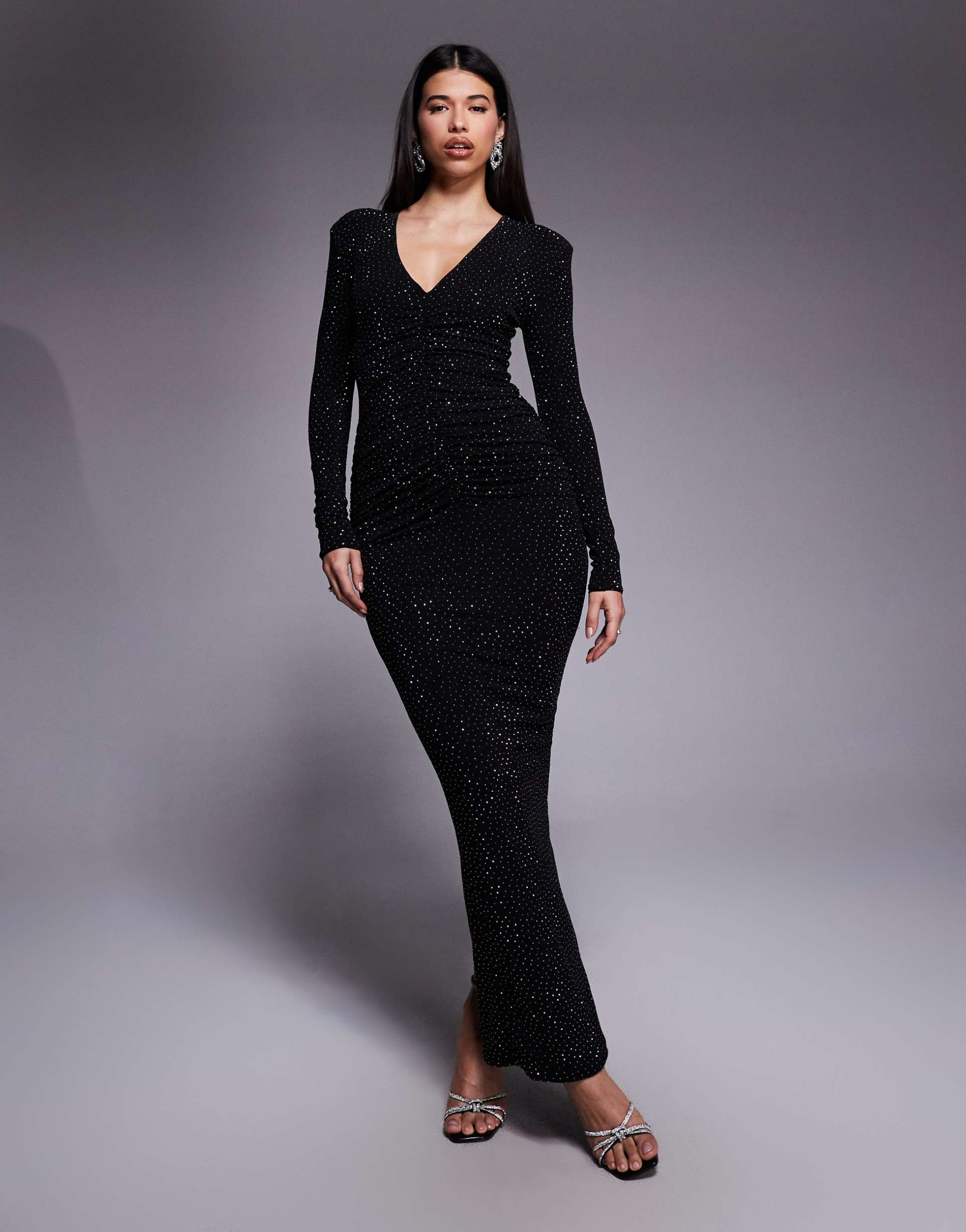 wanderdoll drew sculpted rhinestone plunge neck ruched detailing maxi dress in black