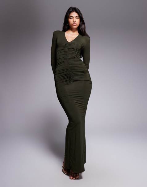 Wanderdoll Drew sculpting second skin shoulder pad detail plunge neck ruched long sleeve maxi dress in forest green - view 1