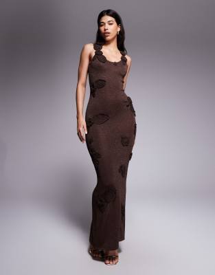Wanderdoll - Eden - Maxikleid aus Strickstoff in Metallic-Espresso mit Blumenapplikationen-Brown