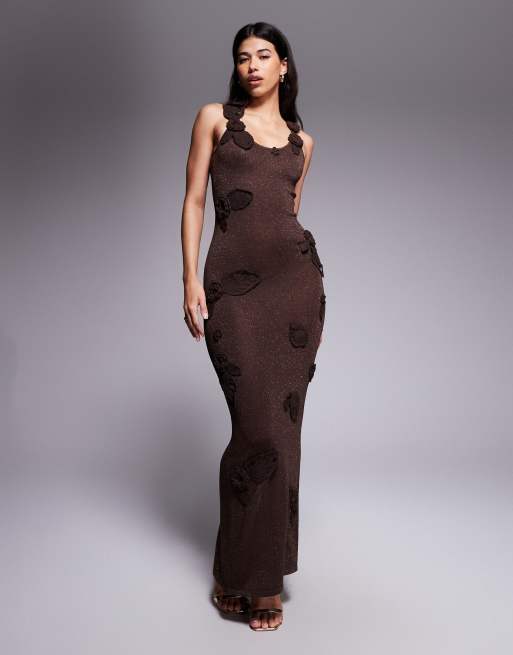 Wanderdoll Eden metallic knit crochet floral leaf detail maxi dress in espresso