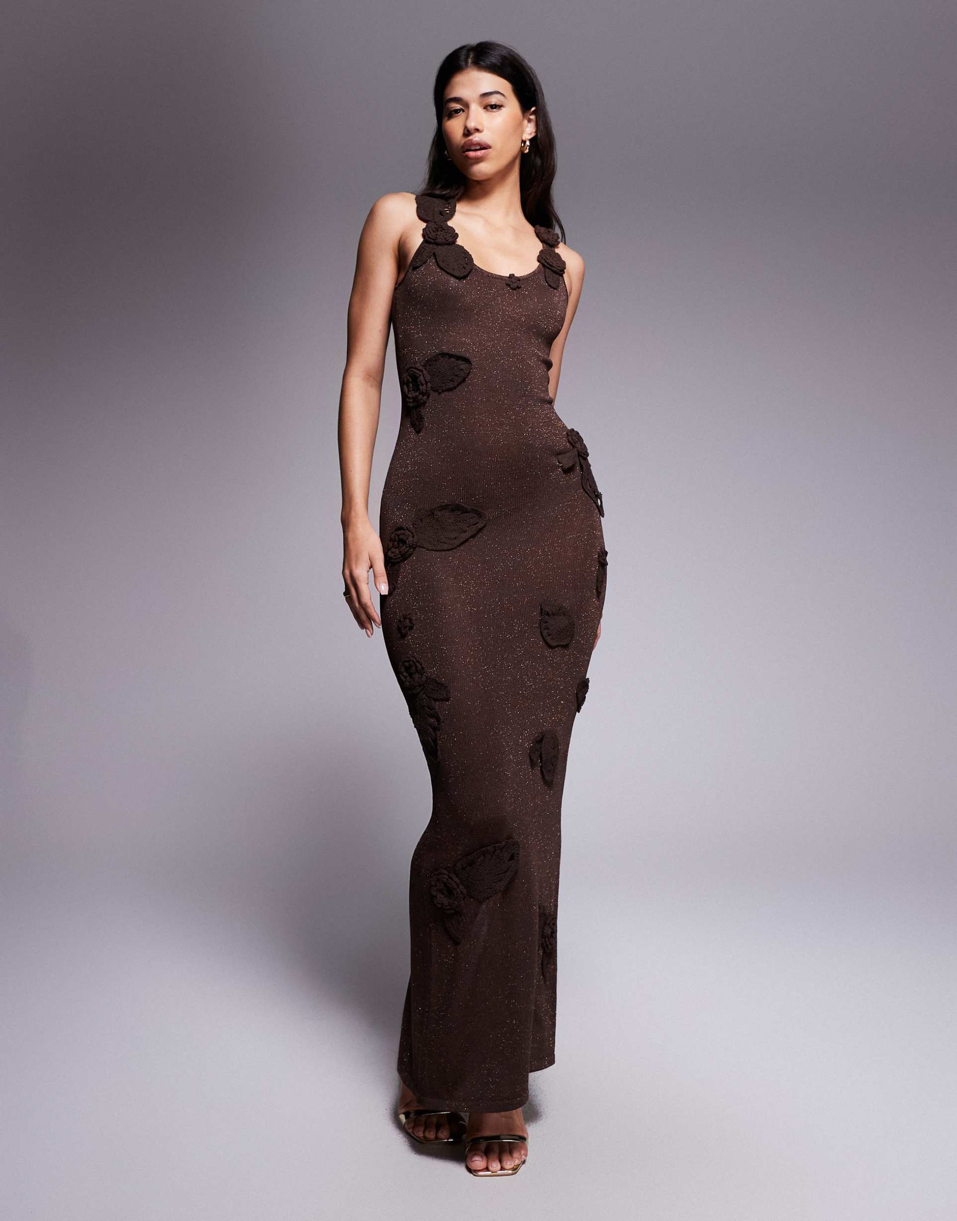 wanderdoll eden metallic knit floral leaf detailing maxi dress in espresso