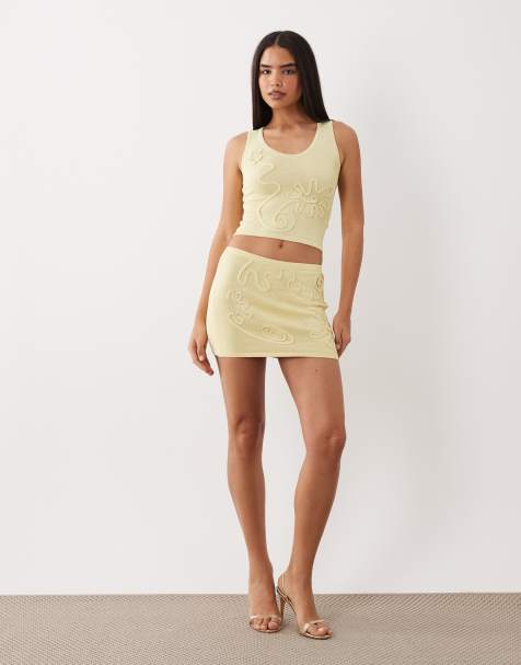 Wanderdoll Eliza metallic knit abstract detail scoop neck top and skirt co-ord in lemon - view 1