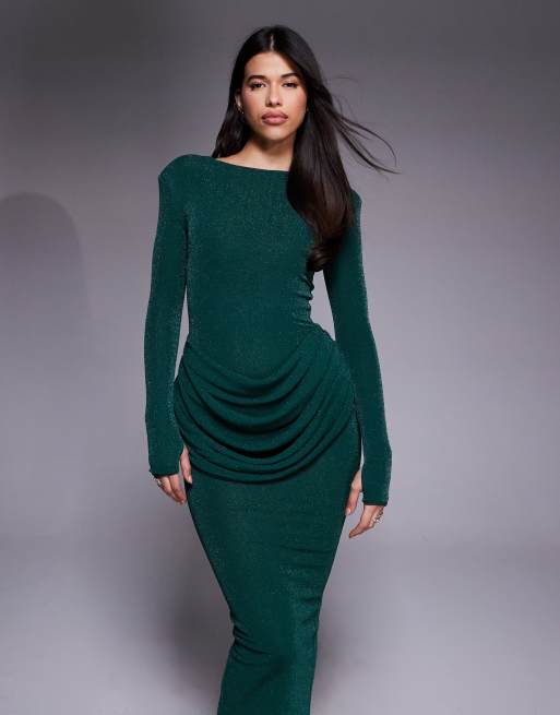 Wanderdoll - Eman - Langærmet bodycon-maxikjole med udskåret hals og draperet talje i glitrende smaragdgrøn, 3 af 4