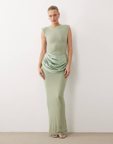 Wanderdoll - Eman - Robe sans manches longue et moulante en satin avec encolure bateau et taille drapée - Vert sauge - view 1