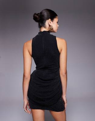 Wanderdoll Eman Sculpted High Neck Sleeveless Drape Detail Mini Dress In Black