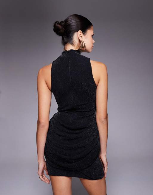 Wanderdoll Eman sculpted high neck sleeveless drape detail mini dress in black glitter, 2 of 4