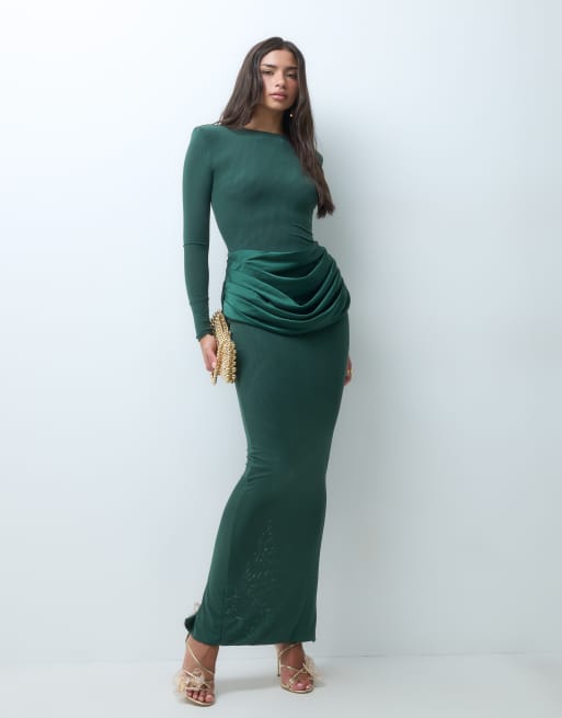 Wanderdoll Eman sculpted satin drape waist shoulder pad detail maxi dress in emerald, 2 of 5