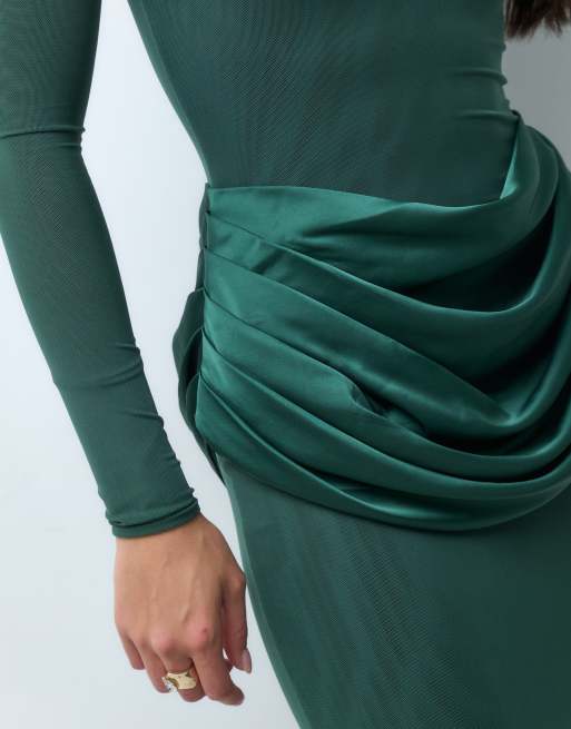 Wanderdoll Eman sculpted satin drape waist shoulder pad detail maxi dress in emerald, 3 of 5