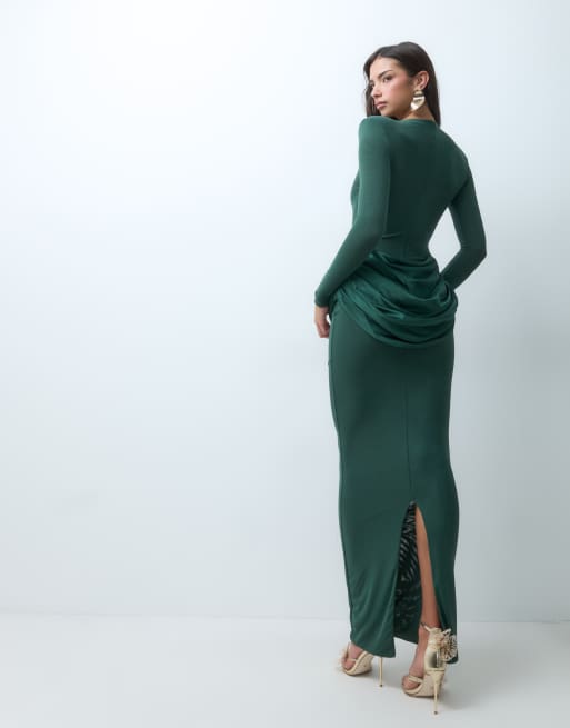Wanderdoll Eman sculpted satin drape waist shoulder pad detail maxi dress in emerald, 4 of 5