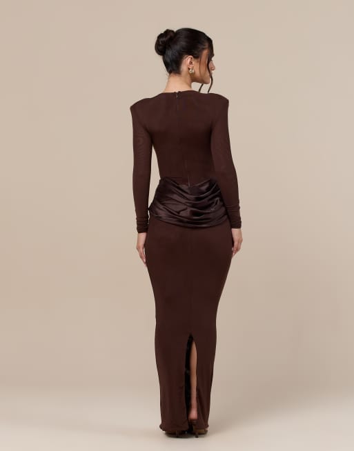 Wanderdoll Eman sculpted slash neck satin drape waist detail bodycon maxi dress in chocolate, 2 of 4