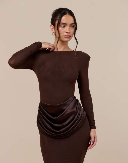 Wanderdoll Eman sculpted slash neck satin drape waist detail bodycon maxi dress in chocolate, 3 of 4