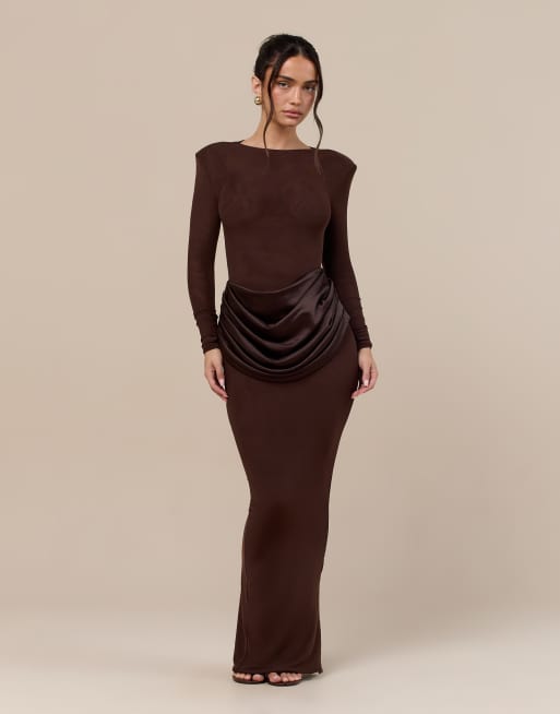 Wanderdoll Eman sculpted slash neck satin drape waist detail bodycon maxi dress in chocolate, 4 of 4