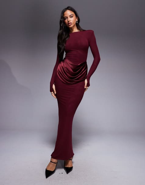 Wanderdoll Eman slash neck satin drape waist detail long sleeve bodycon maxi dress in berry - view 1