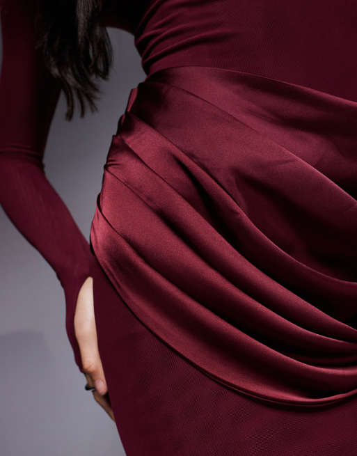 Wanderdoll Eman slash neck satin drape waist detail long sleeve bodycon maxi dress in berry